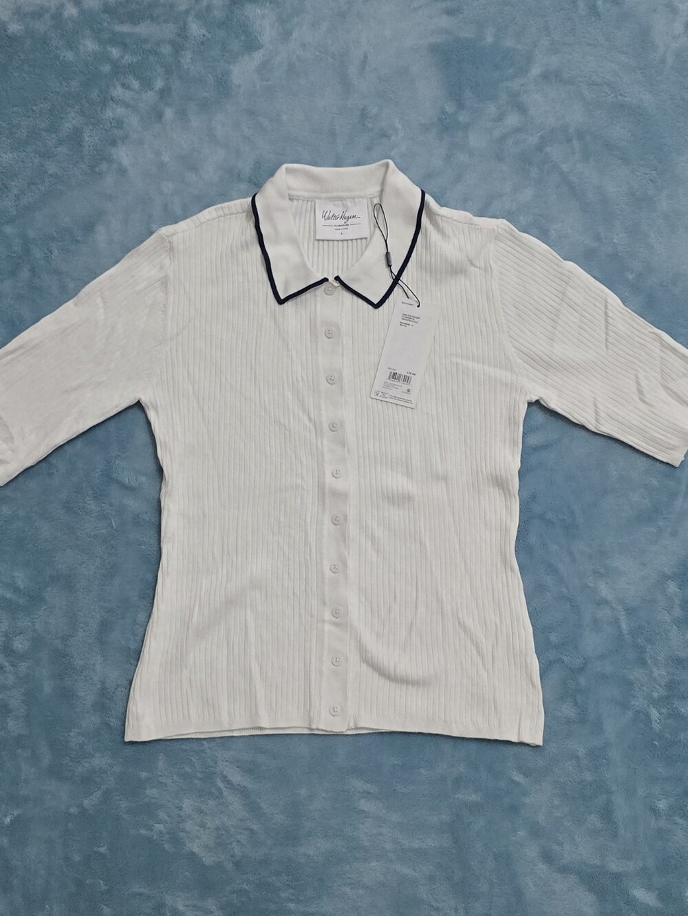 Walter Hagon Womens White Short-Sleeve Ribbed Polo Cardigan with Navy Trim